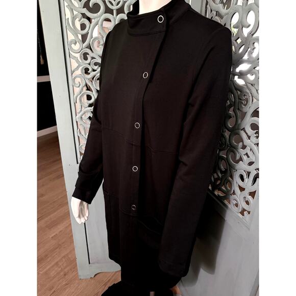 Pure Jill Long Black Cardigan/Dress Coat/Tunic Jacket-Off Center Snap Front-Sz M - Picture 2 of 8
